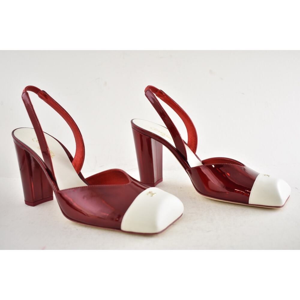 Chanel 26S Blazy Red White Square Toe Sling CC Logo Slingback Block Heel Pump 38 - Picture 4 of 16